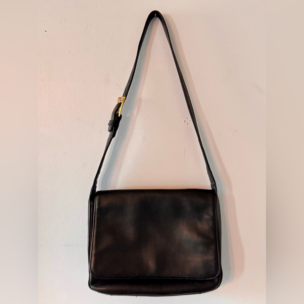 Vintage Ralph Lauren Black Leather Shoulder Bag with Gold Buckle
